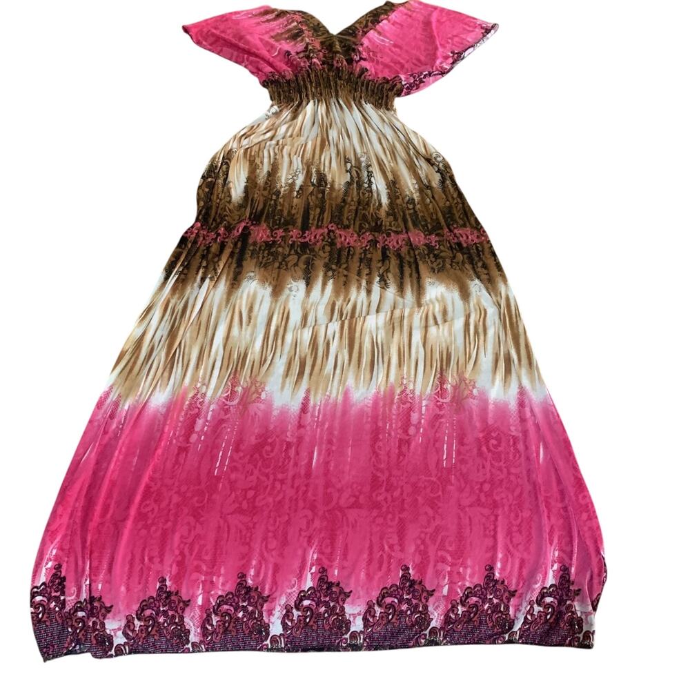 ROMANTIC SINI PINK/CREAM BROWN PATTERN V FRONT & BACK MAXI DRESS SIZE MEDIUM-EUC